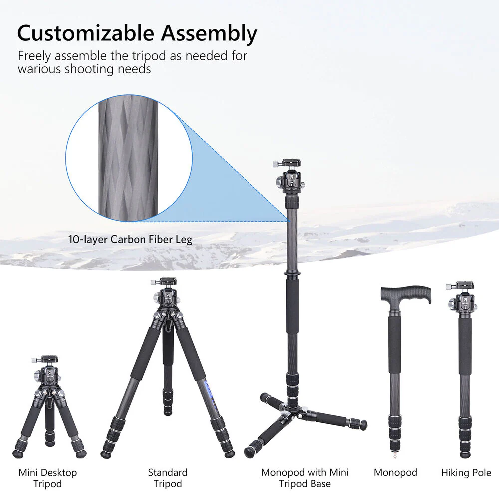 ARTCISE CS70C Pro All-in-One Carbon Fiber Tripod with LB36 Ball Head - Image 4