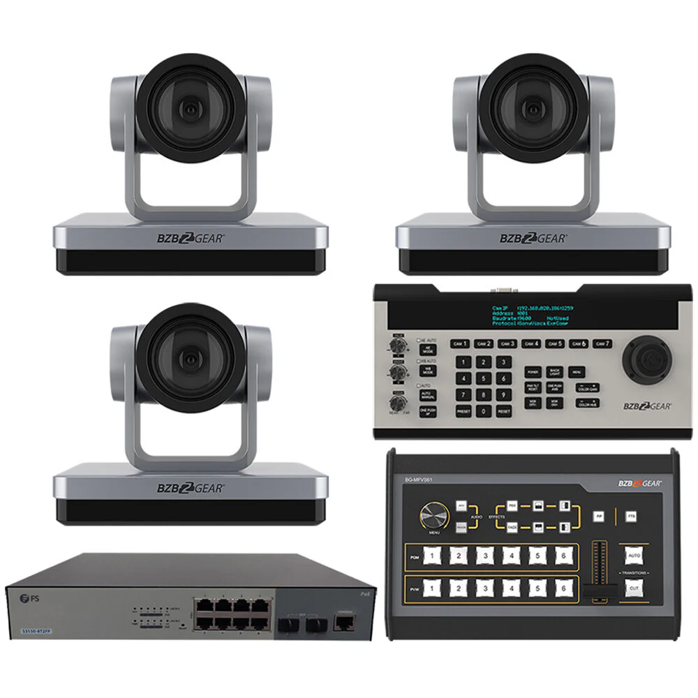 BZBGear 3 x 20x PTZ Camera Broadcast Kit with 6-Channel Mixer, 8-Port Switch & Controller (Silver)