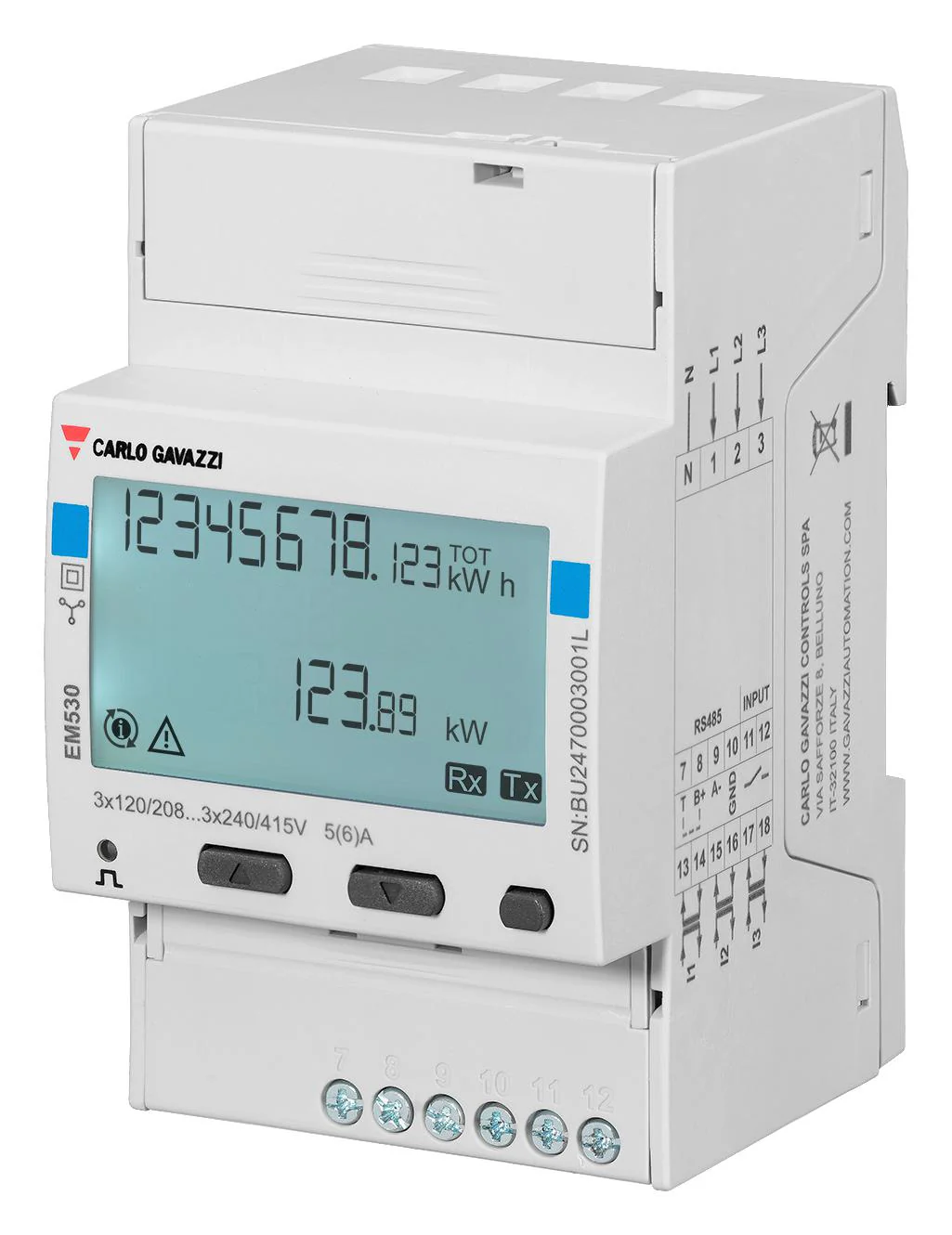 CARLO GAVAZZI EM530DINAV53XS1PFD Energy Analyzer, EM530 Series, Two, Three Phase, 230/400VAC Supply, RS485 Modbus RTU, DIN Rail Mount