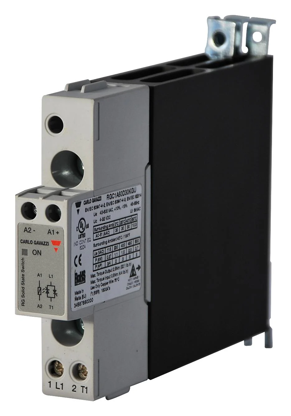 CARLO GAVAZZI RGC1A60D30KGU. SOLID STATE CONTACTOR, 1PH, 600VAC, 30A, DIN RAIL