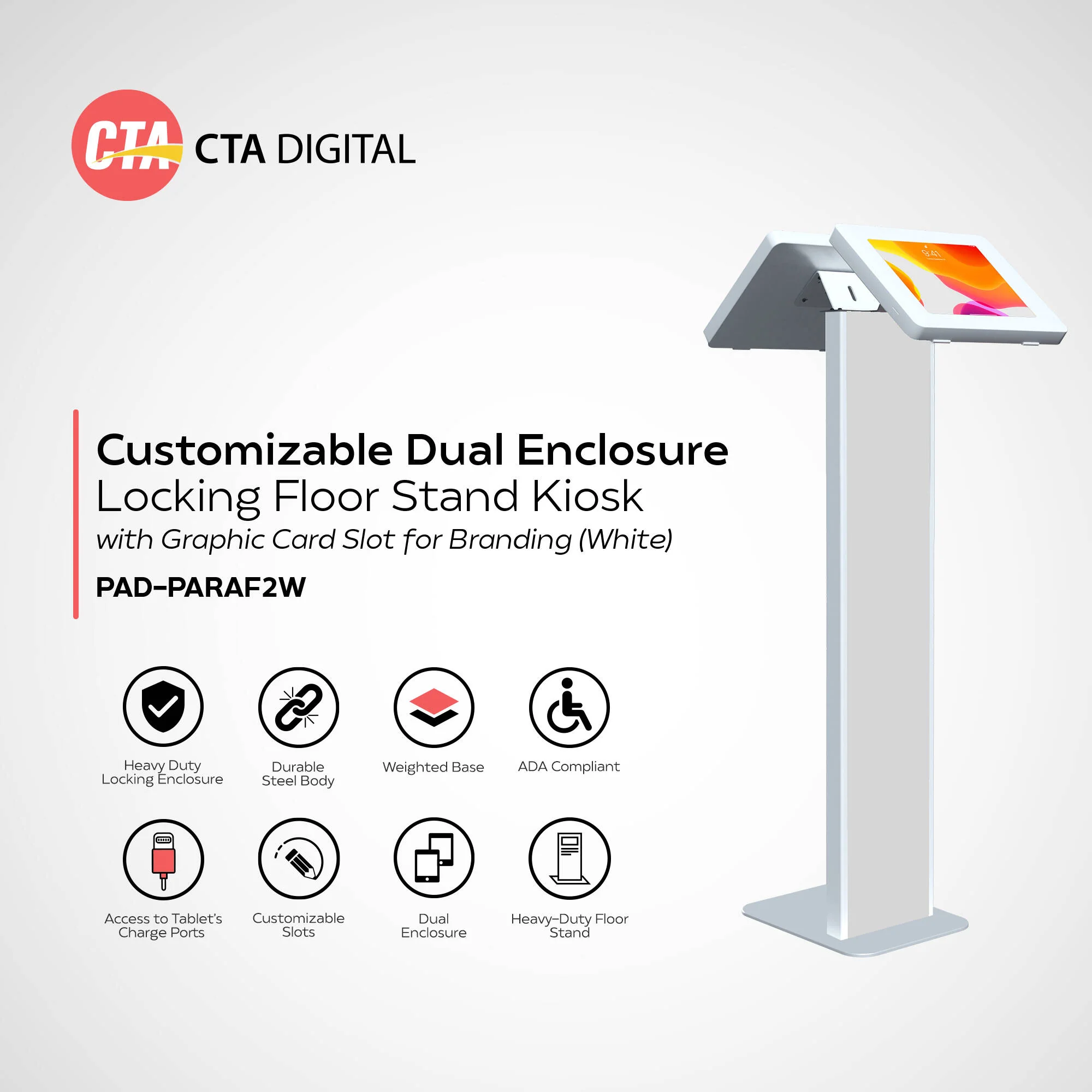 CTA Digital Dual-Enclosure Locking Floor Stand Kiosk with Graphic Slot for 9 to 11" Tablets (White) - Image 2