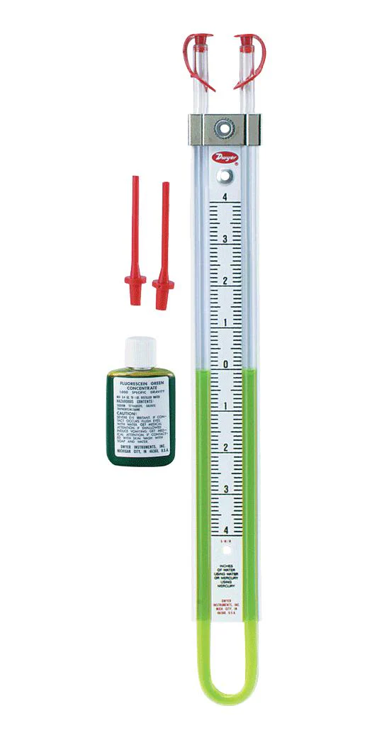 DWYER 1222-M1000-W/M Manometer, U-Tube, 500 mm-H2O, Flex-Tube, High Contrast Scale