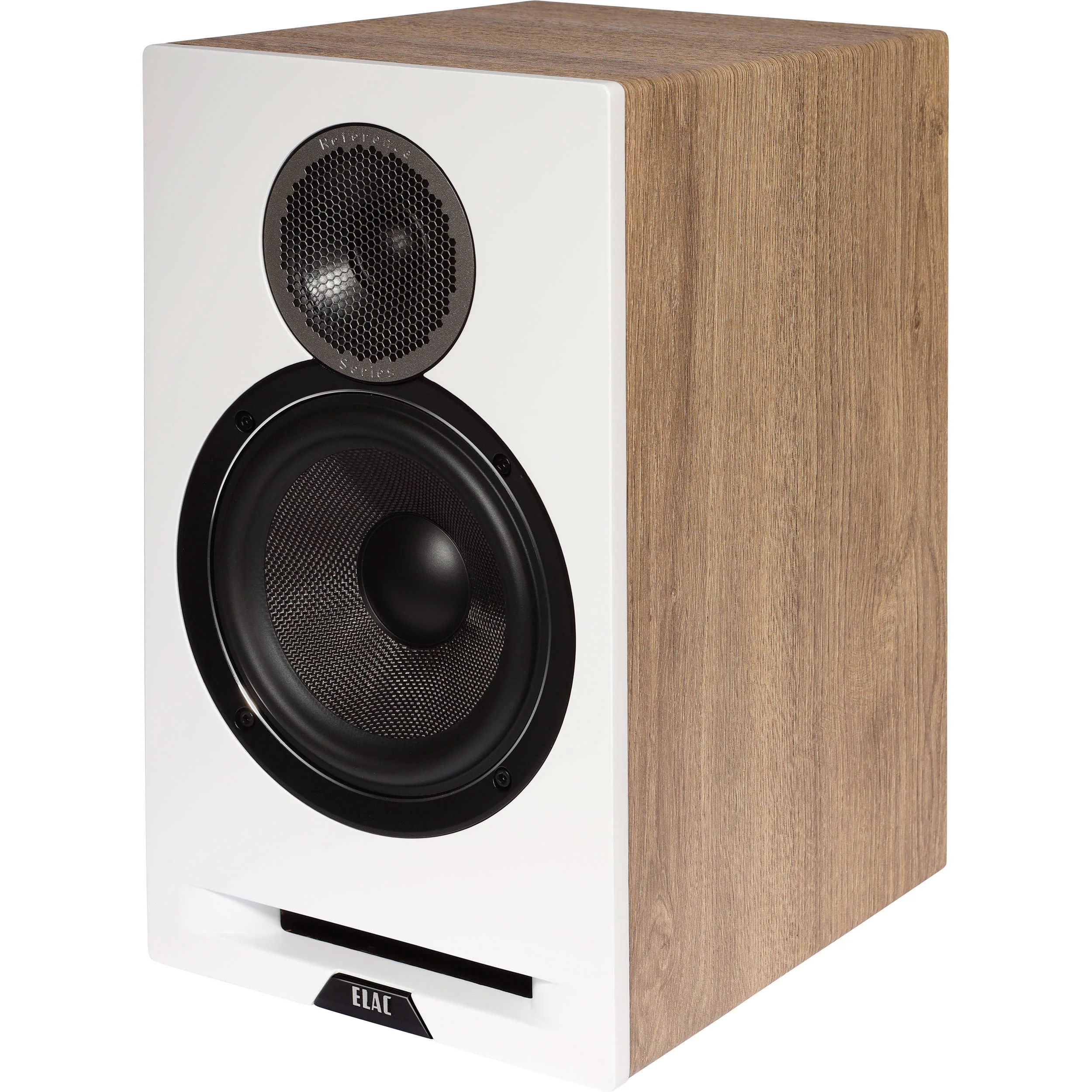 ELAC Debut Reference Two-Way Bookshelf Speaker (Pair, White Baffle, Oak Cabinet) - Image 3