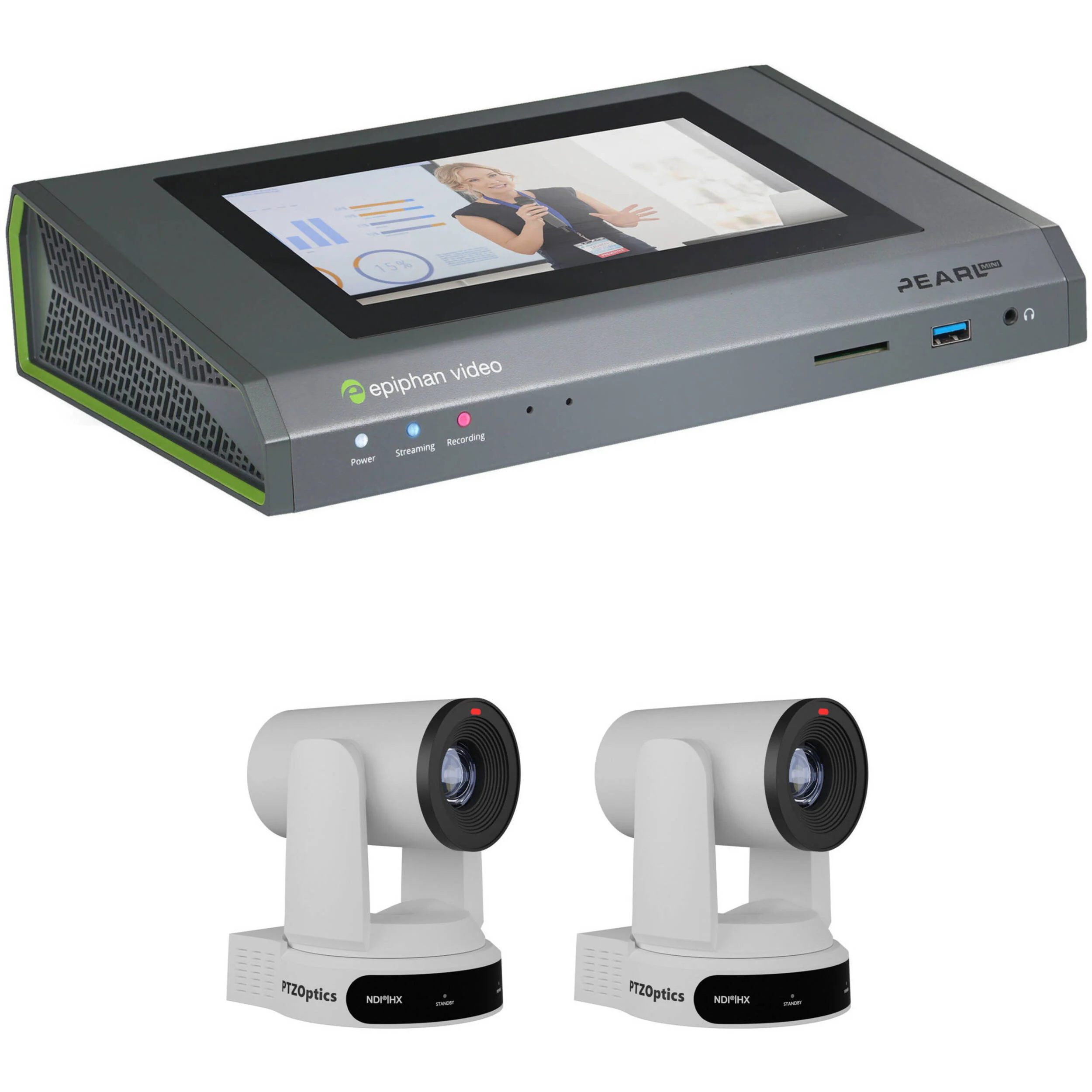 Epiphan Pearl Mini Live 1080p Switcher Kit with 2 x PTZOptics Move UHD 4K 30x Cameras (White)