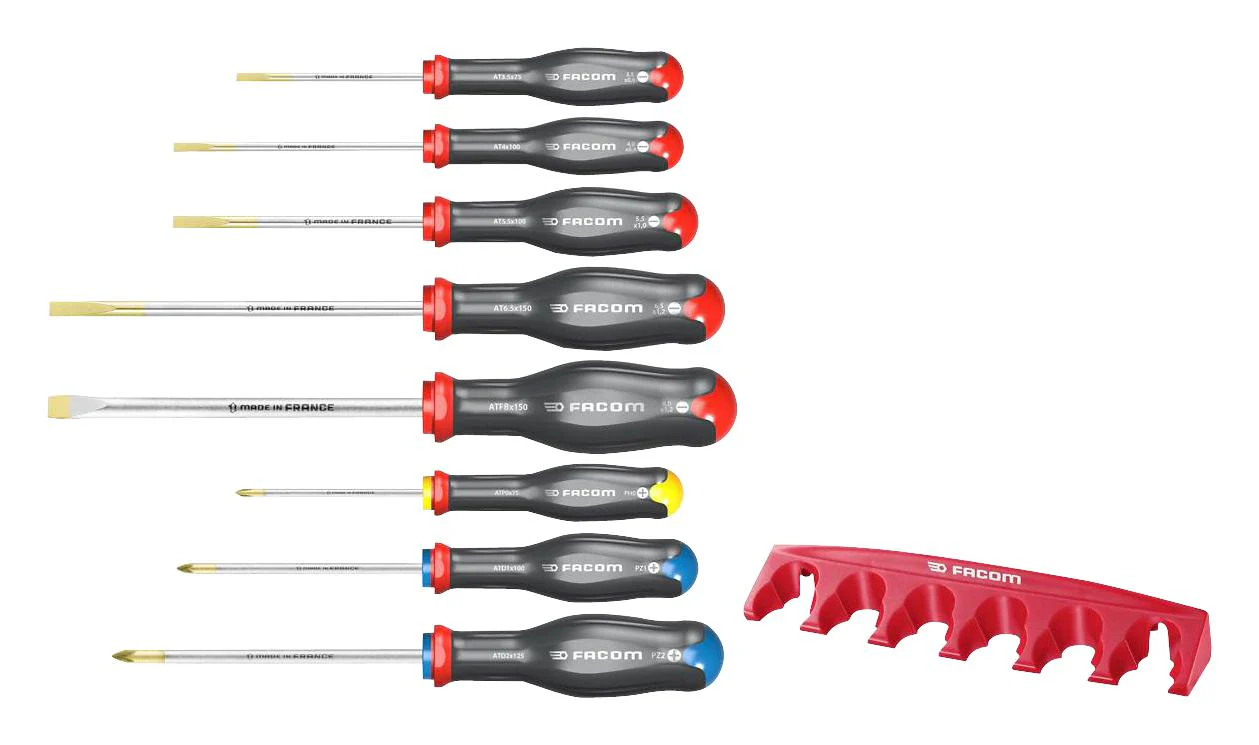 Facom AT.8PB AT.8PB Screwdriver Set 3.5x75mm 4x100mm 5.5x100mm 6.5x150mm 8x150mm Slotted & PH0x75mm Philips