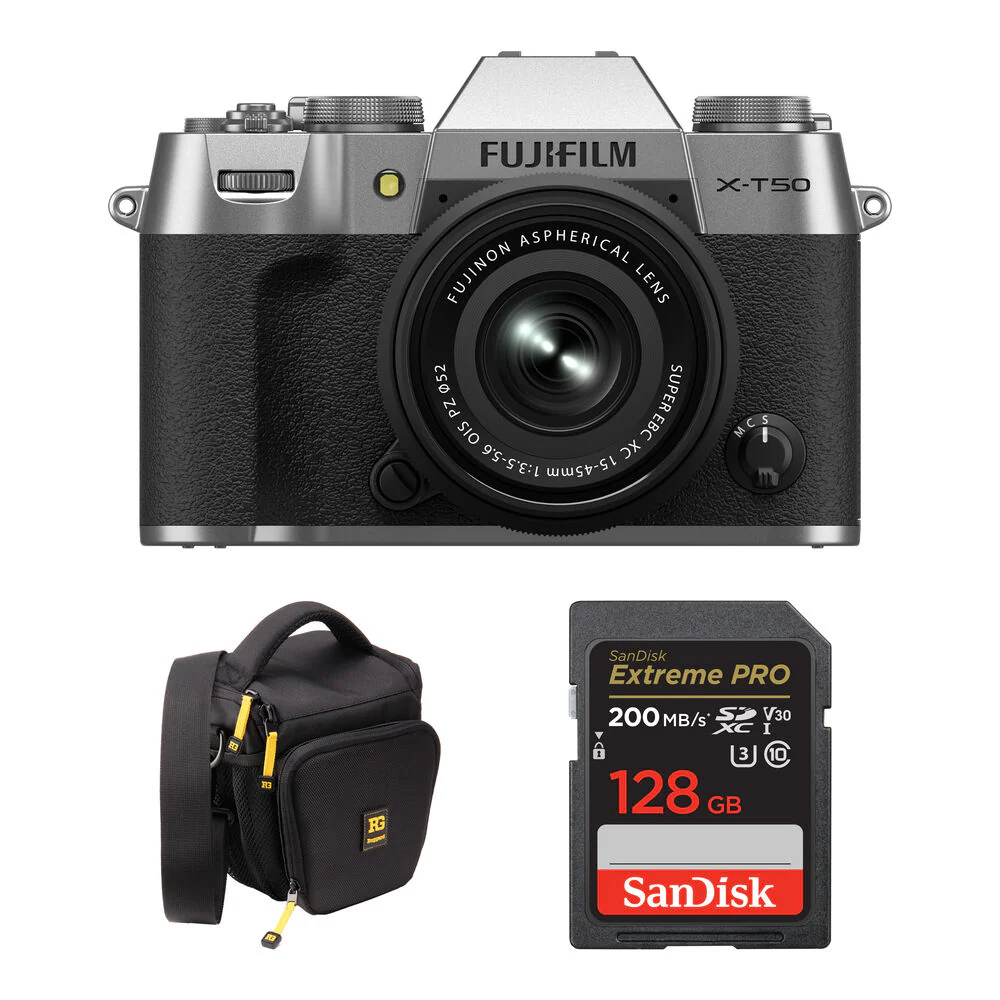 FUJIFILM X-T50 Mirrorless Camera with 15-45mm f/3.5-5.6 Lens and Basic Bundle (Silver)