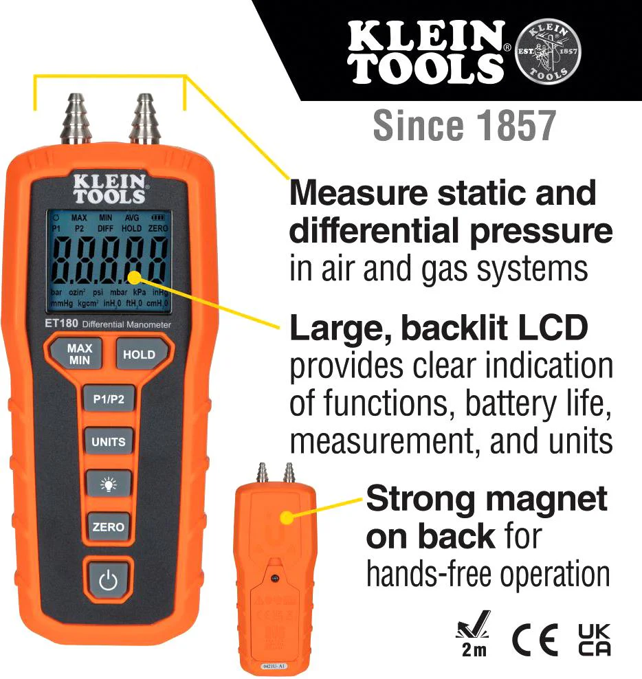 Klein Tools ET180 ET180 Pressure Manometer 0.01 1.5 % 0 °C 50 New - Image 4