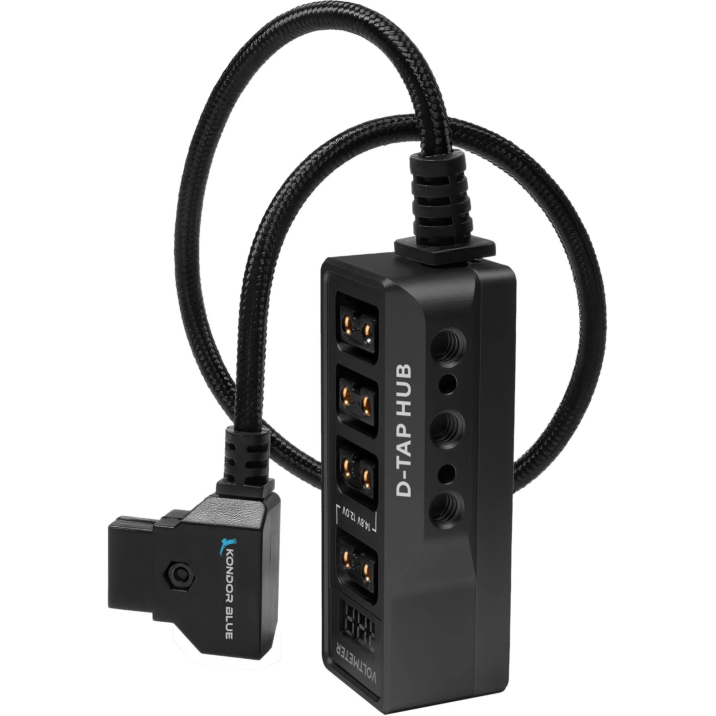 Kondor Blue Male D-Tap to 4-Port Female D-Tap Splitter Hub with Voltmeter (16", Raven Black) - Image 2