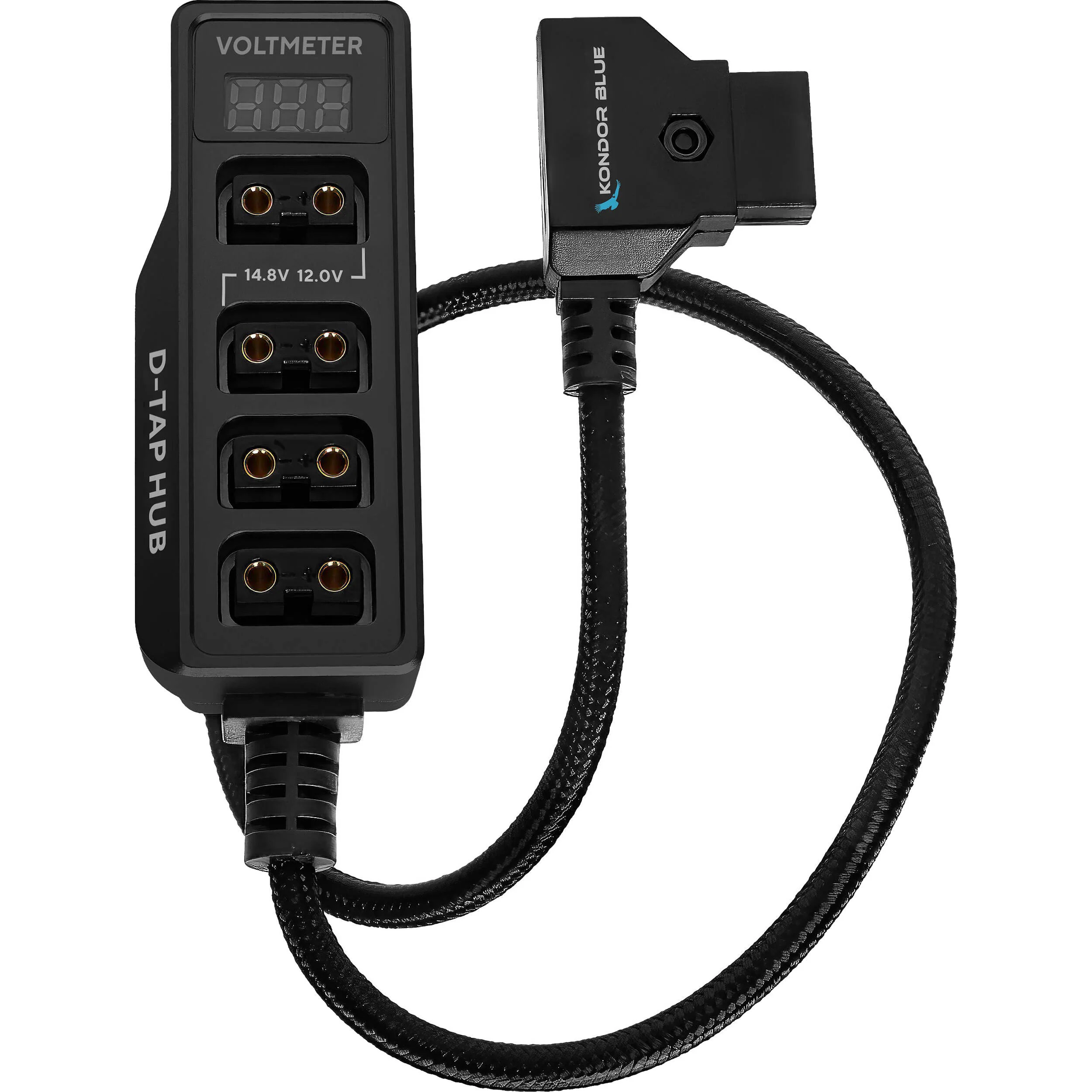 Kondor Blue Male D-Tap to 4-Port Female D-Tap Splitter Hub with Voltmeter (16", Raven Black) - Image 3