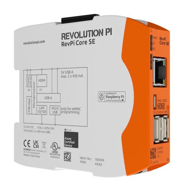 KUNBUS PR100366 RevPi Base Module, 16GB, 10.2 to 28.8V in, 4 Core, ARM Cortex-A72, Raspberry Pi OS, 10W, IP20