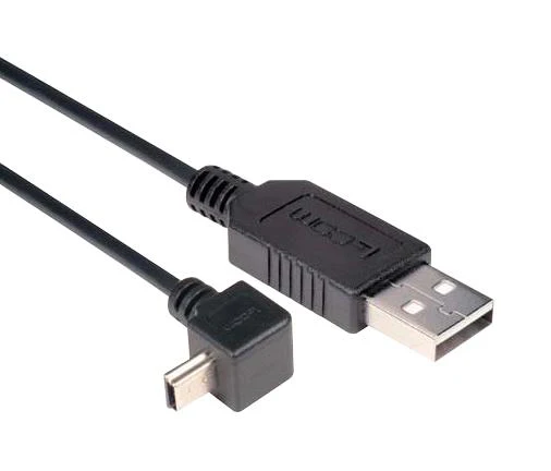 L-COM CAA-90UMB5-03M USB Cable, Type A Plug to 90° Mini Type B Plug, 300 mm, 11.8 ft, USB 2.0, Black