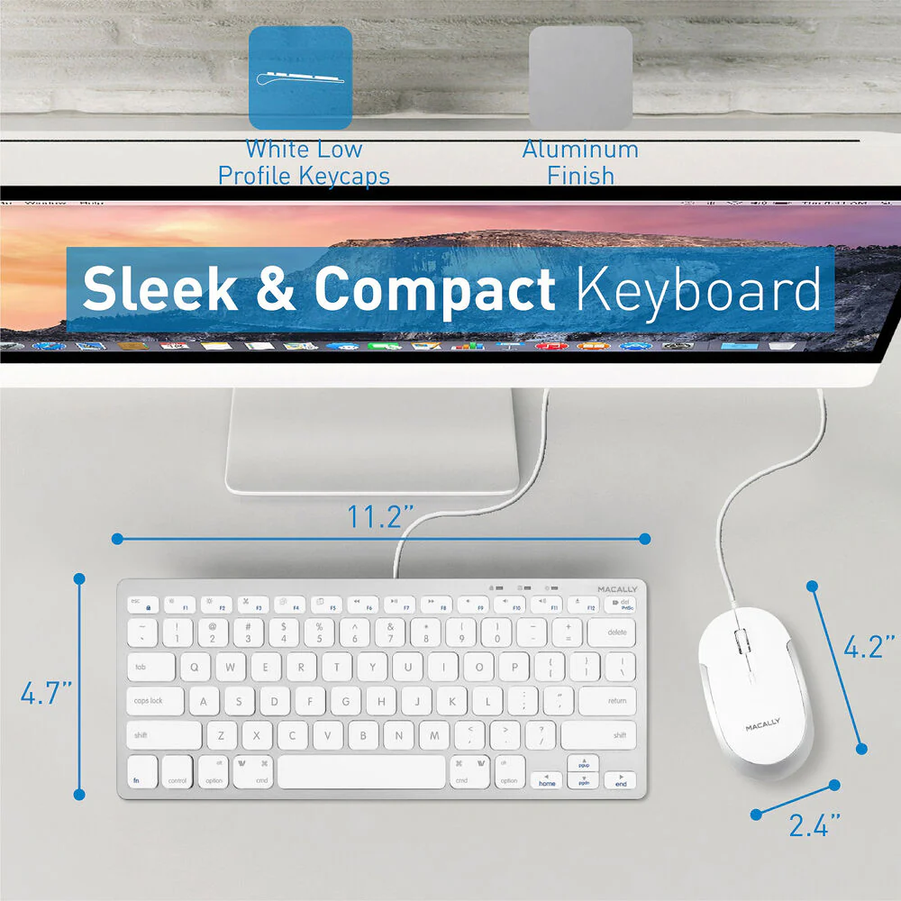 Macally Compact Aluminum USB Keyboard and Quiet Click Mouse Combo Set (White) - Image 4