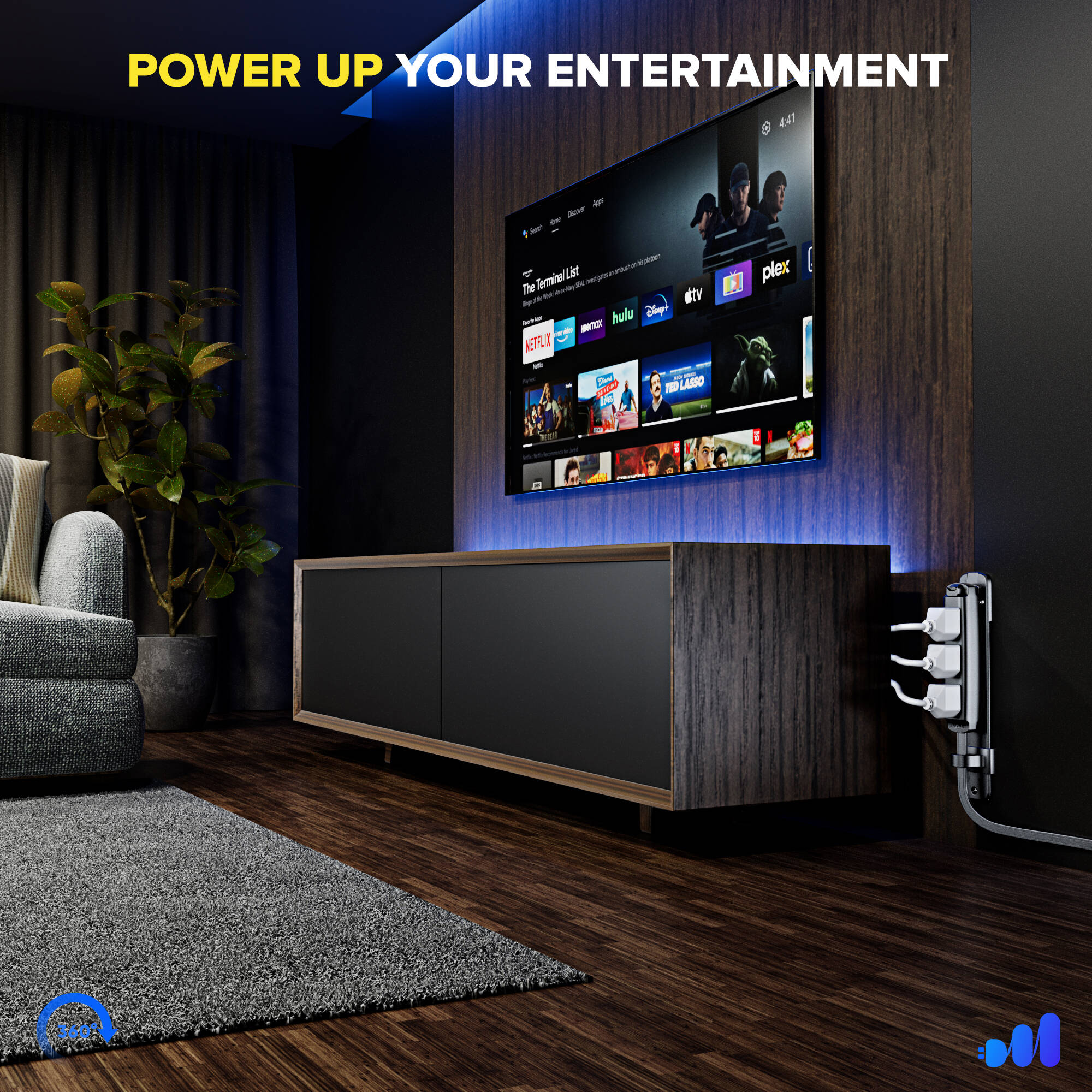 Maximm Cable 3-Outlet Power Extension Cord with 360? Rotating Flat Plug (Black, 10') - Image 7
