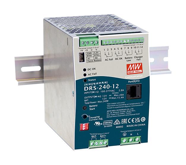 MEAN WELL DRS-240-24CAN AC/DC DIN Rail Power Supply (PSU), Built-in CANBus, ITE & Industrial, 1 Output, 240 W, 24 V, 10 A