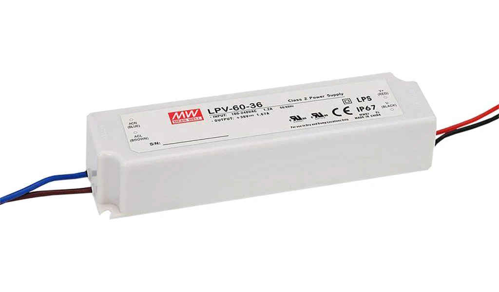 MEAN WELL LPV-60-36 LED Driver, ITE, 60 W, 36 VDC, 1.67 A, Constant Voltage, 90 V