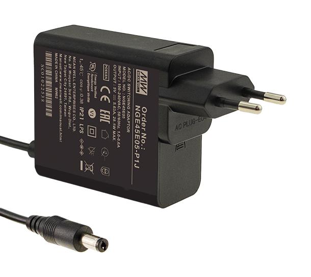 MEAN WELL NGE45E12-P1J AC/DC Power Supply, ITE, Industrial, Household, Medical, 1 Output, 45 W, 12 V, 3.75 A