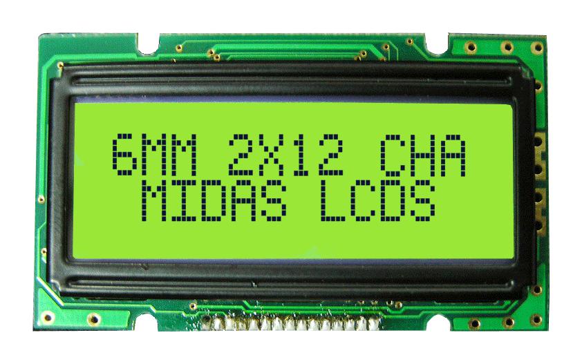 Midas MC21205A6WK1-SPTLY Alphanumeric LCD 12 x 2 Black on Yellow / Green 5V Parallel English Euro Transflective