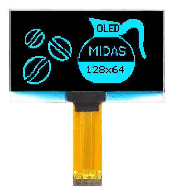 MIDAS MCOT128064HV-BM Graphic OLED, 128 x 64, Blue on Black, 3V to 5V, I2C, Parallel, SPI, 60.5mm x 37mm, -40 °C