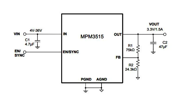 Monolithic Power Systems (MPS) MPM3515GQV-P DC/DC POL Converter Adjustable Sync Buck 2.2MHz 4V to 36V in 0.8V 30.6V/1.5A Out QFN-17 - Image 2