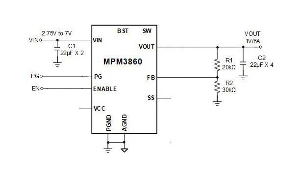 Monolithic Power Systems (MPS) MPM3860GQW-P DC-DC Switching Synchronous Step-Down Regulator Adjustable 2.75-7V in 0.6-7V/6A out QFN-24 - Image 2