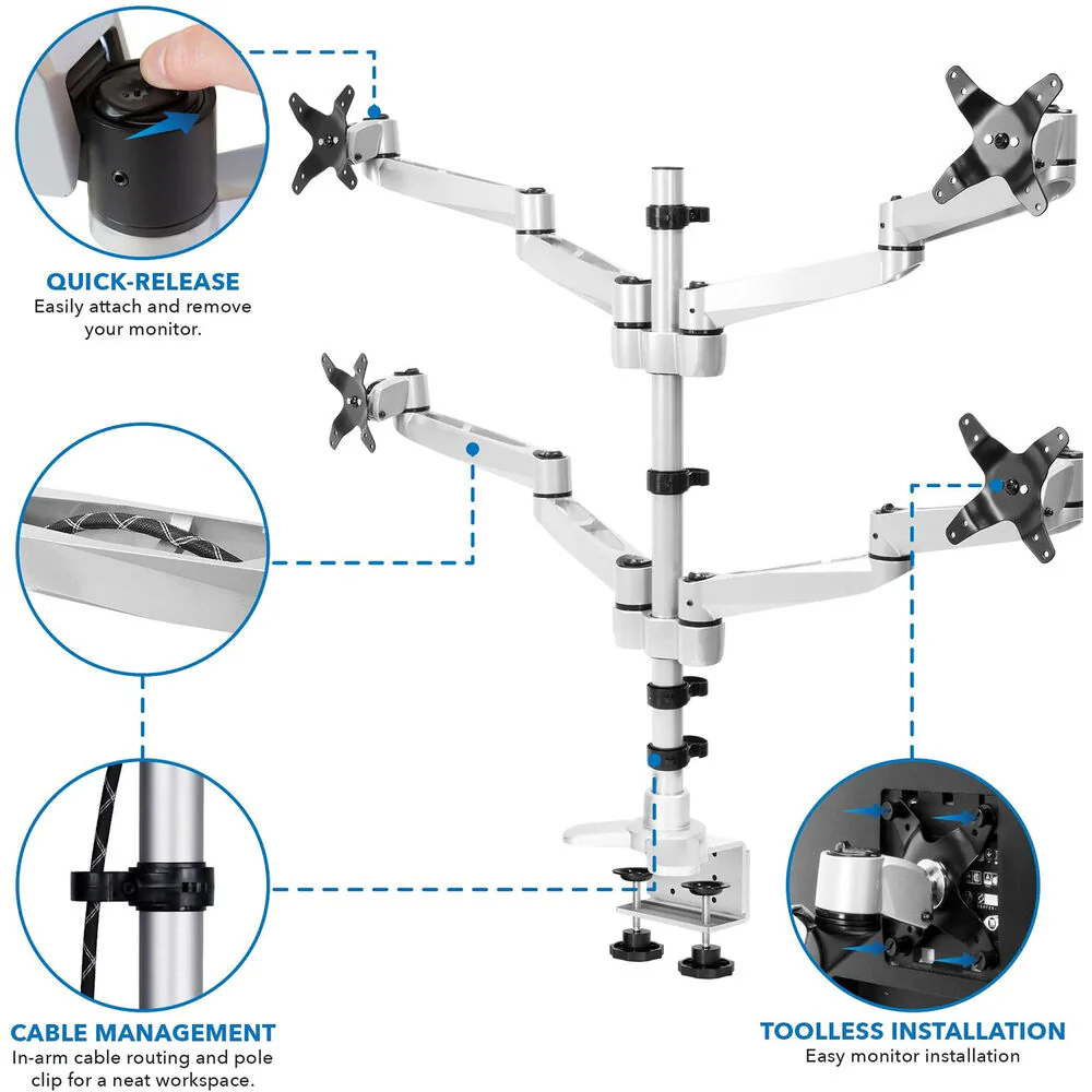 Mount-It! MI-63156 Full-Motion Quad-Monitor Desk Mount with Clamp & Grommet for Up to 27" Displays - Image 3