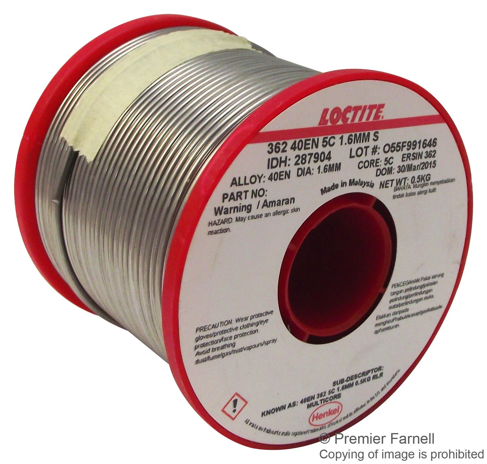 MULTICORE / LOCTITE D4016 500G REEL Solder Wire, 40/60, 1.63mm Diameter, 234°C, 500g