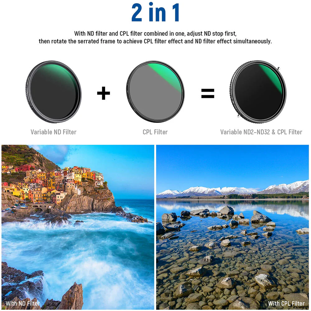 Neewer 2 in 1 Variable ND Filter and CPL Filter (62mm, 1 to 5-Stop) - Image 2