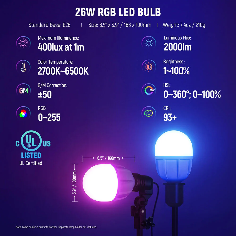 Neewer 26W RGB LED Light Bulb with Stands & Softboxes (2-Light Kit) - Image 3