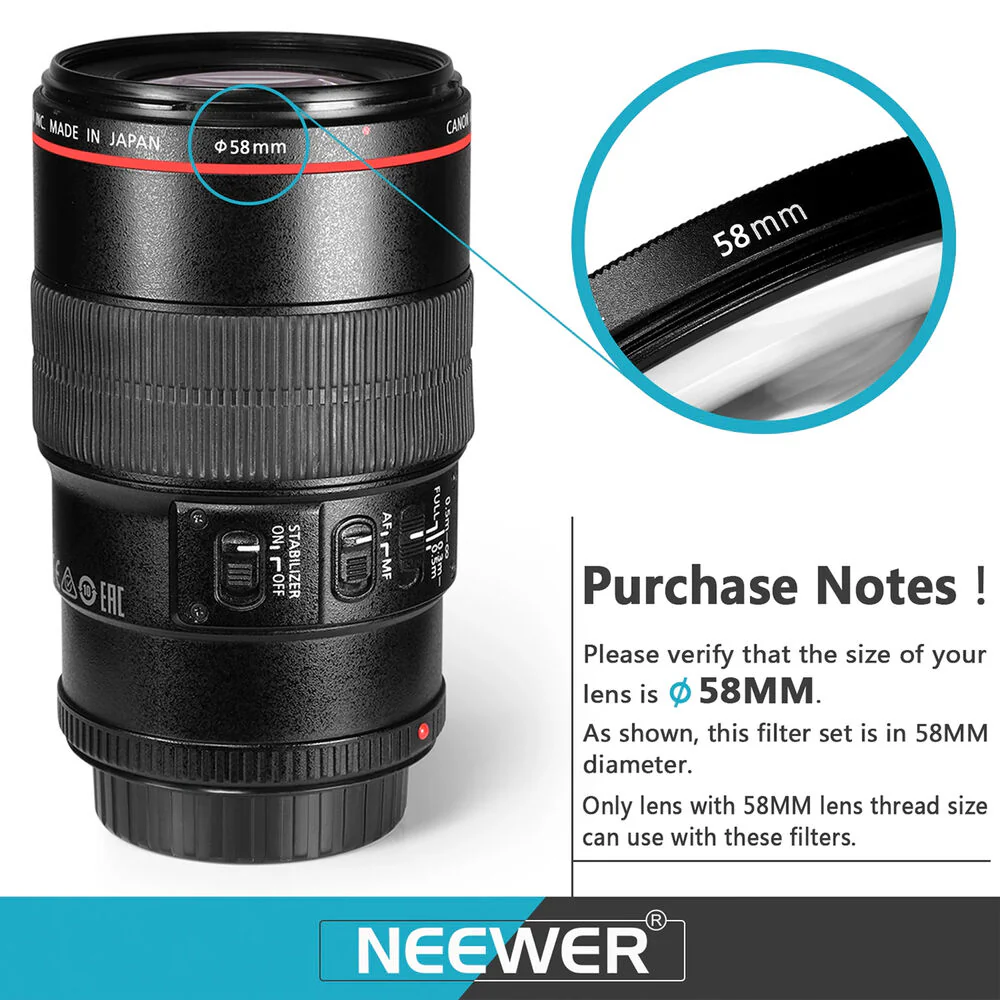 Neewer 58mm ND, CPL, UV & FLD Lens Filter Kit with Accessories (6-Pack) - Image 3