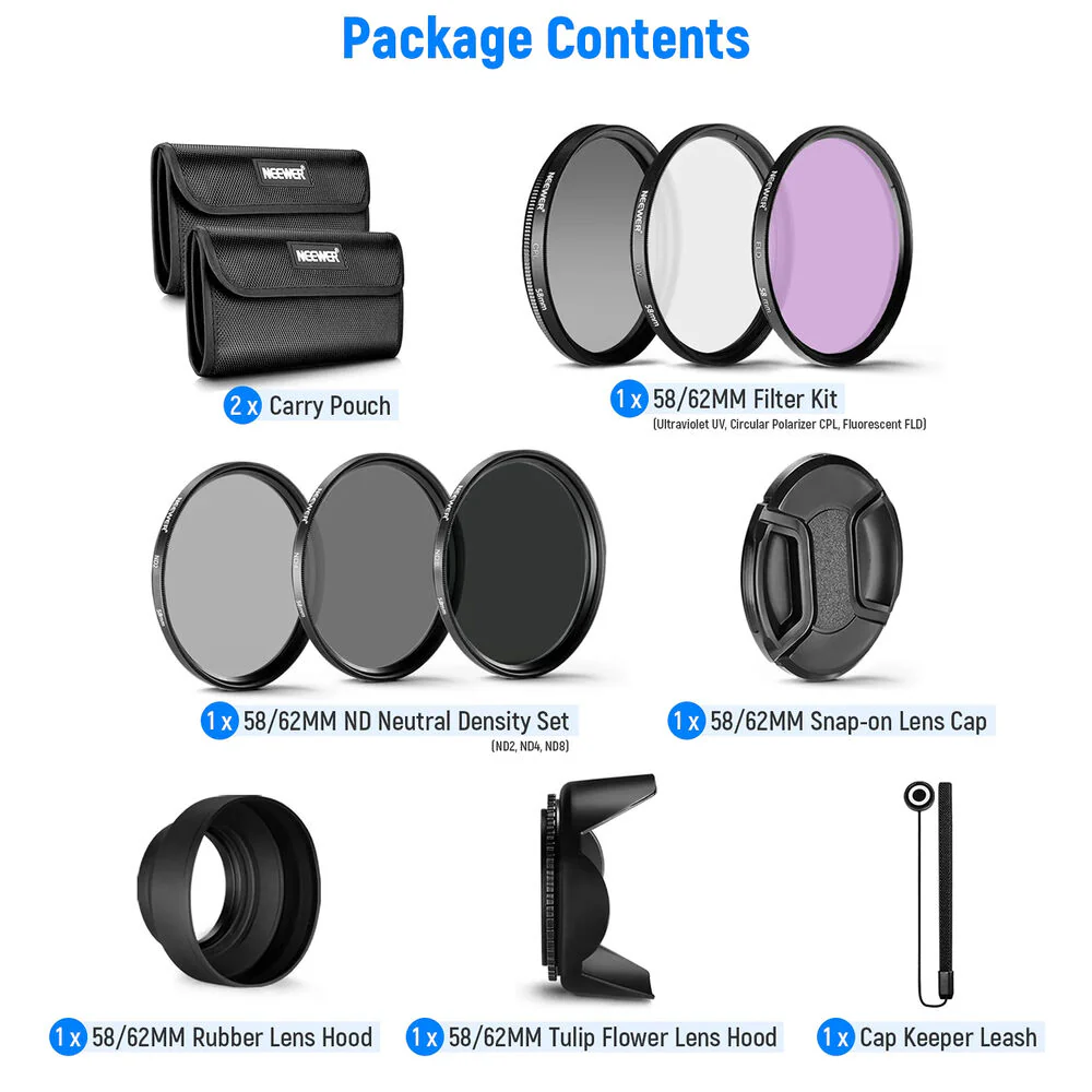 Neewer 58mm ND, CPL, UV & FLD Lens Filter Kit with Accessories (6-Pack) - Image 7