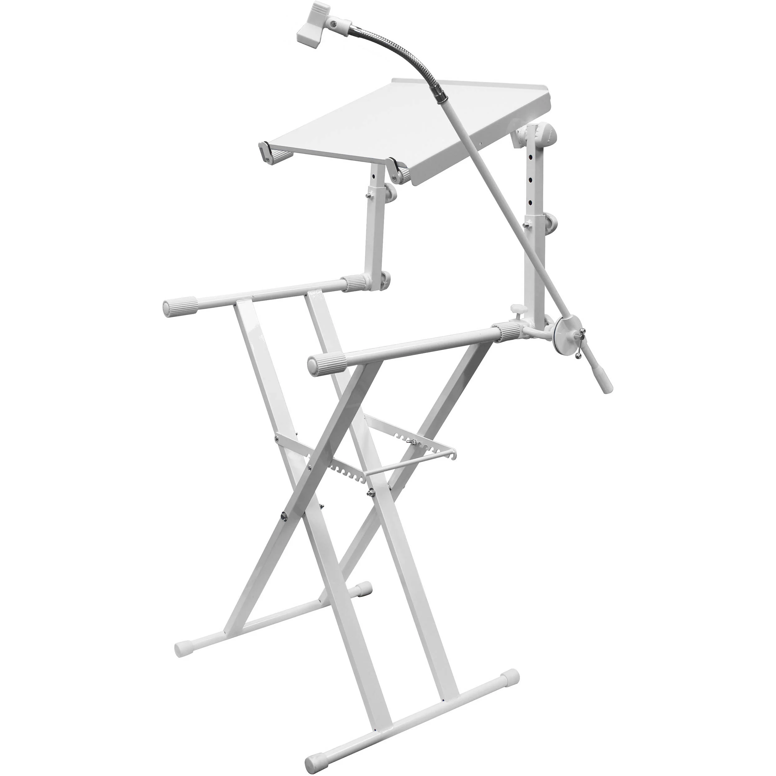 Odyssey Innovative Designs X-Stand Combo Dual Tier Heavy-Duty Folding Stand with Microphone Boom & Laptop/Gear Shelf (White) - Image 3