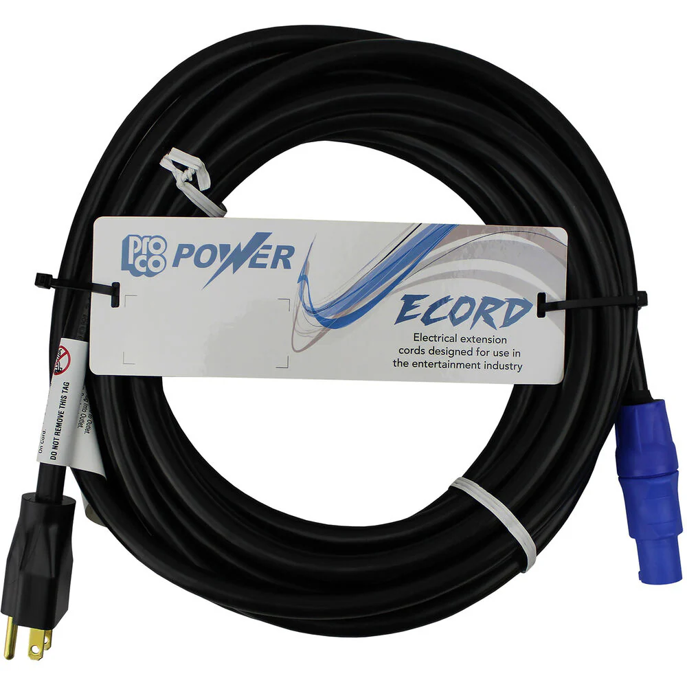 Pro Co Sound E-Cord 12/3 SJTOW 105C Black 5-15P to NAC3FCA PowerCON Blue Cable (50') - Image 4