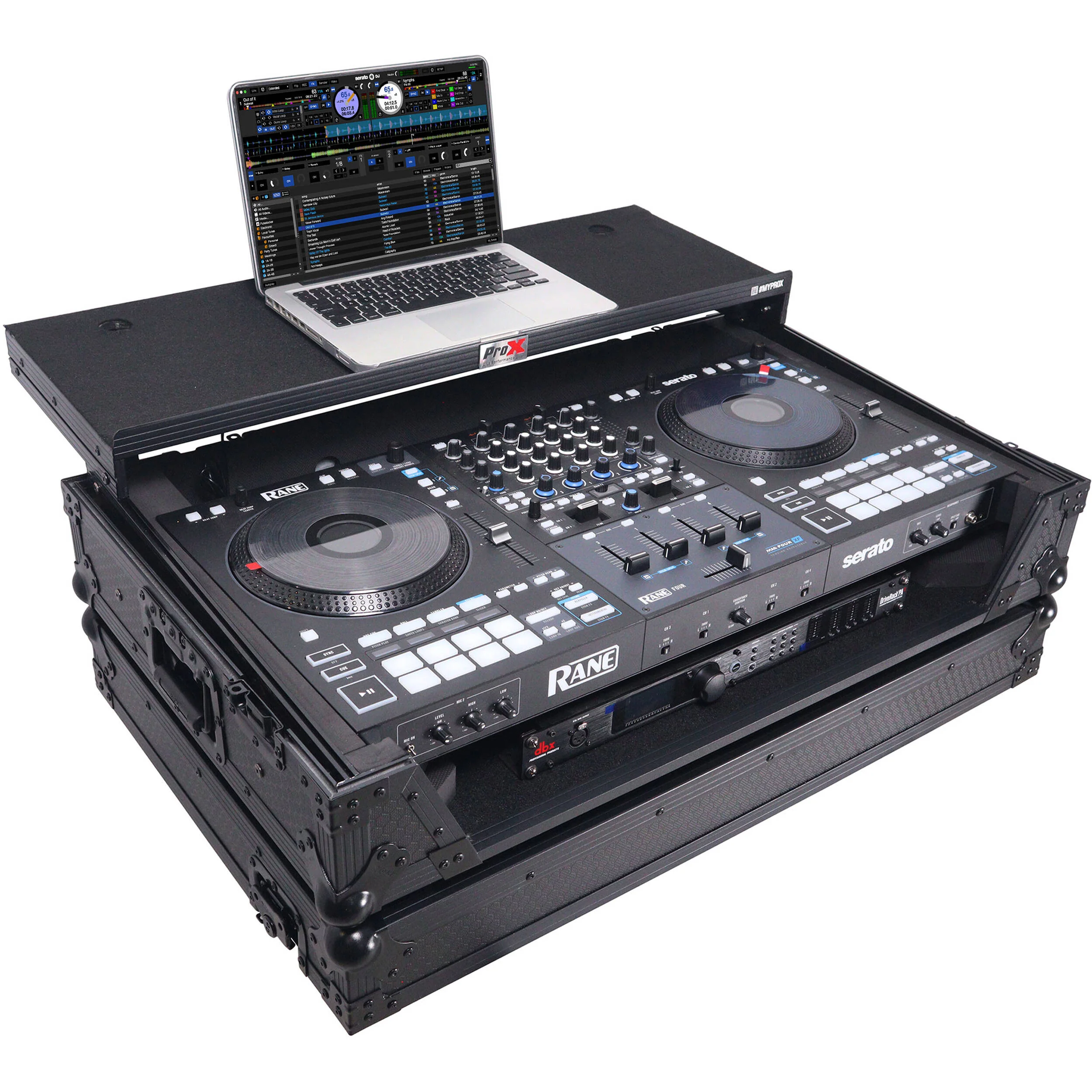 ProX ATA Flight-Style Road Case for RANE Four DJ Controller with Laptop Shelf with LED and Wheels (1 RU, Black)