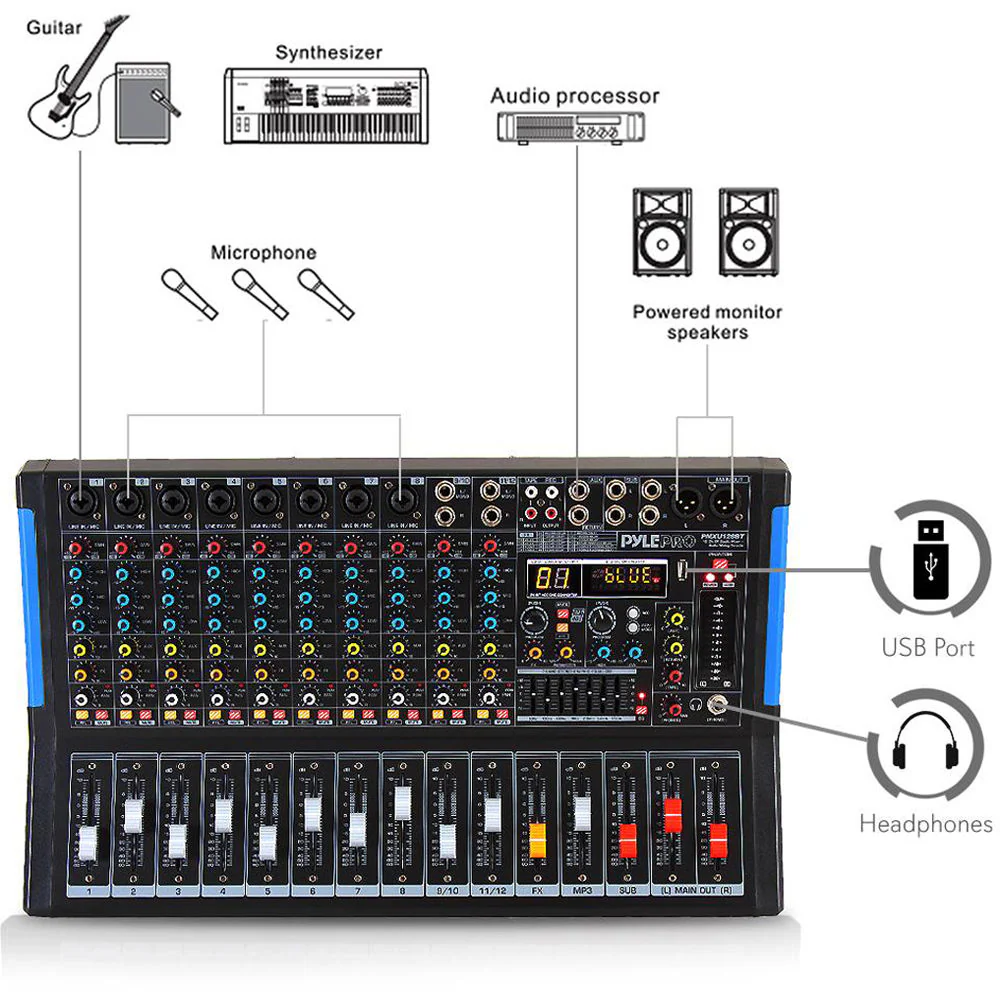 Pyle Pro 12-Channel Bluetooth Studio Mixer and DJ Controller Audio Mixing Console System - Image 2