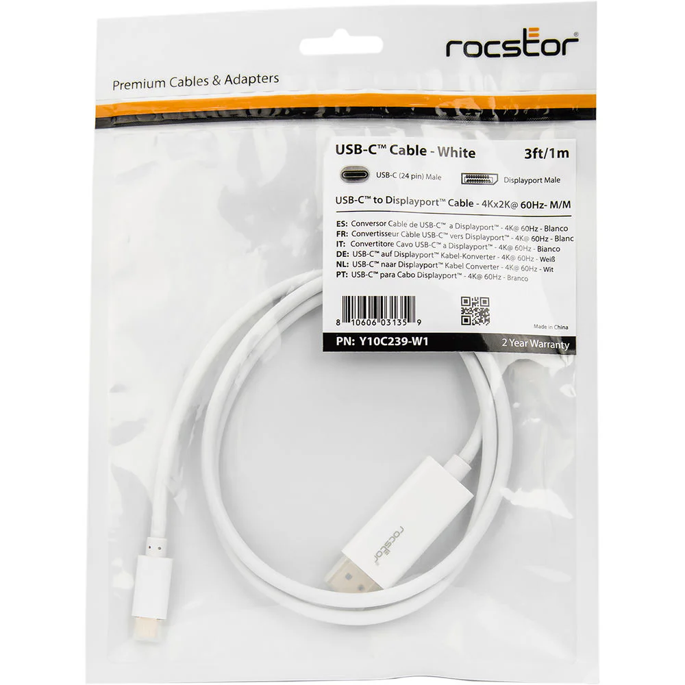 Rocstor USB Type-C to DisplayPort 4K Cable (3', White) - Image 6