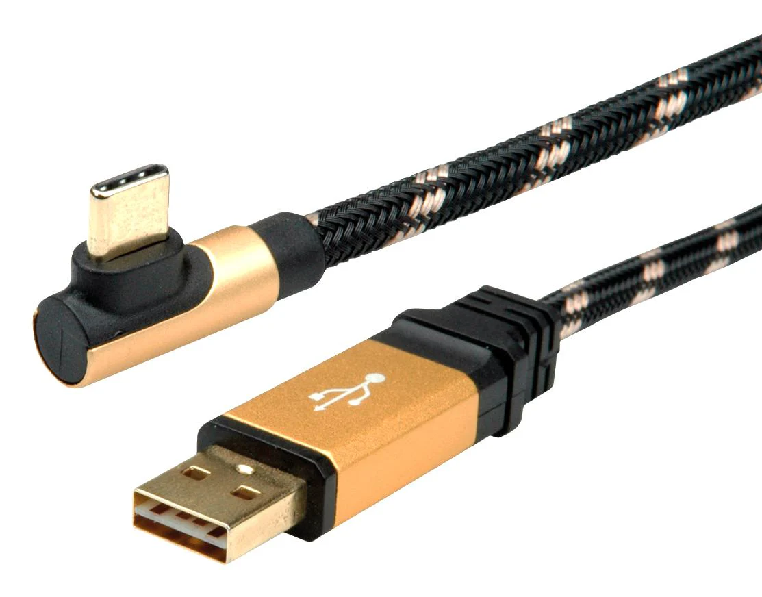 Roline 11.02.9060 USB Cable Reversible Type A Plug to 90° C 800 mm 31.5 " 2.0 Black Gold