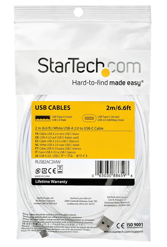 Startech RUSB2AC2MW USB Cable Type A Plug to C 2 m 6.6 ft 2.0 White - Image 2