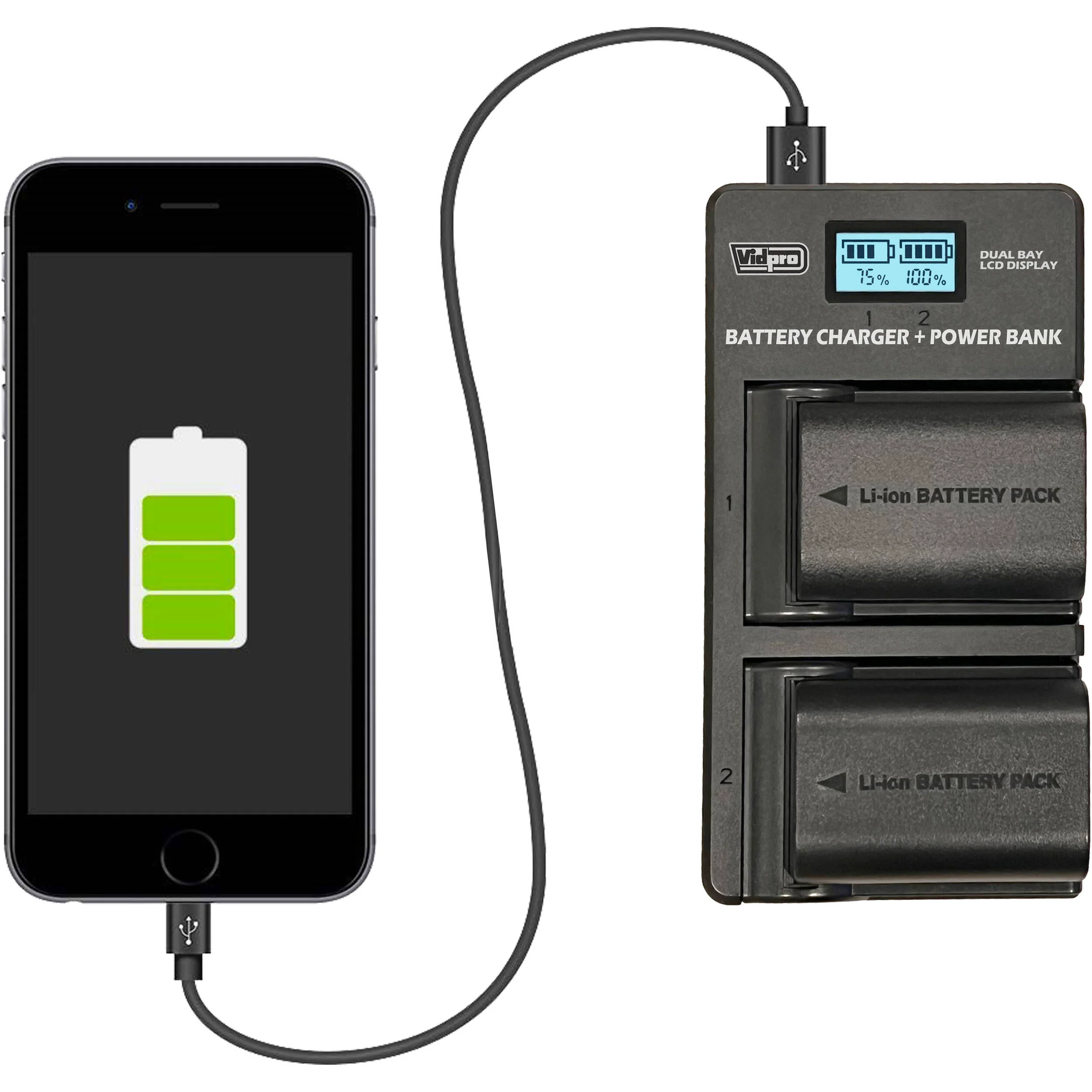 Vidpro VDL-66 Dual Bay LCD Charger with Power Bank for Panasonic DMW-BLC12 and BLE9 - Image 5