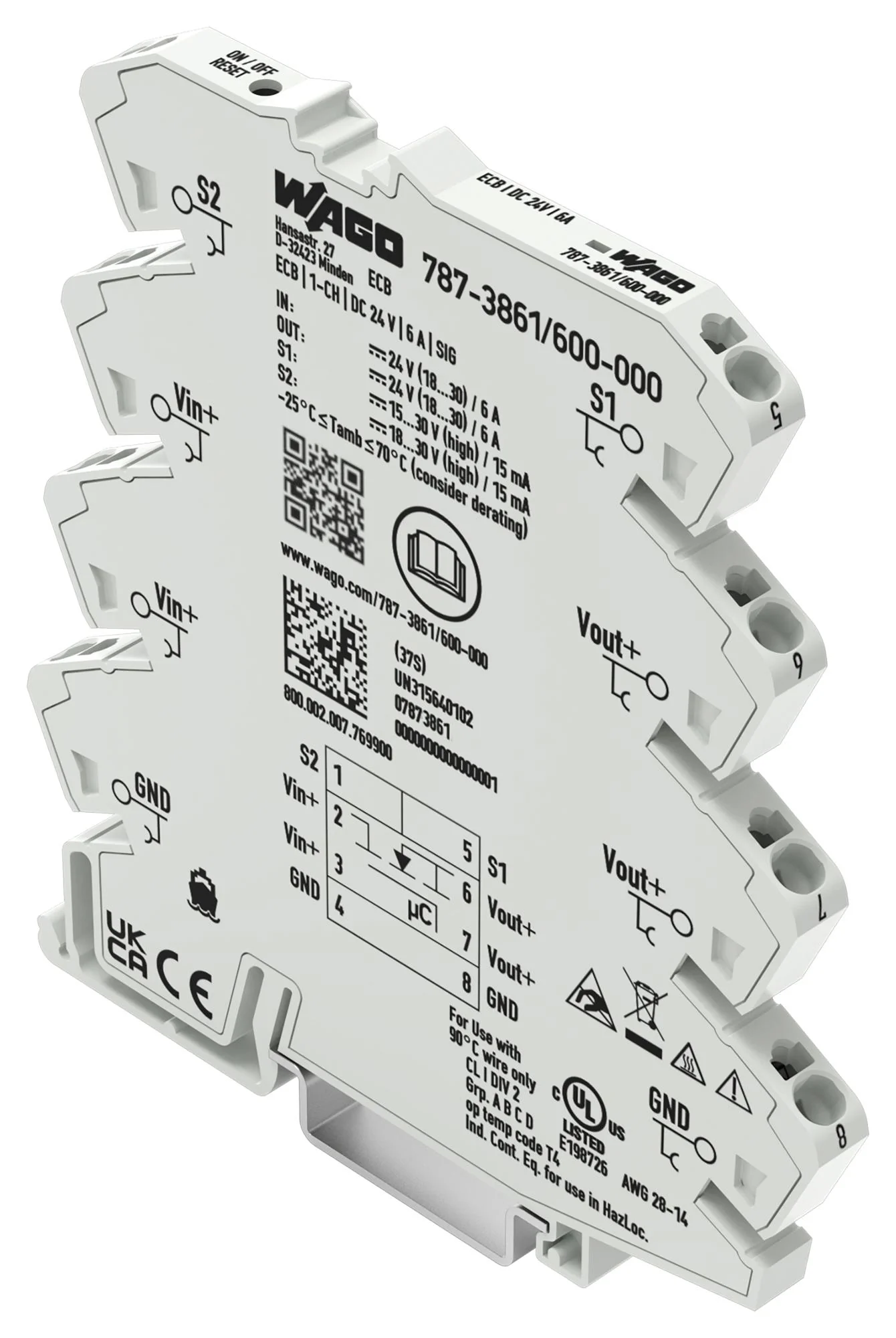 WAGO 787-3861/600-000 Electronic Circuit Breaker, 787 Series, 1 Pole, 24 VDC, DIN Rail, 6 A